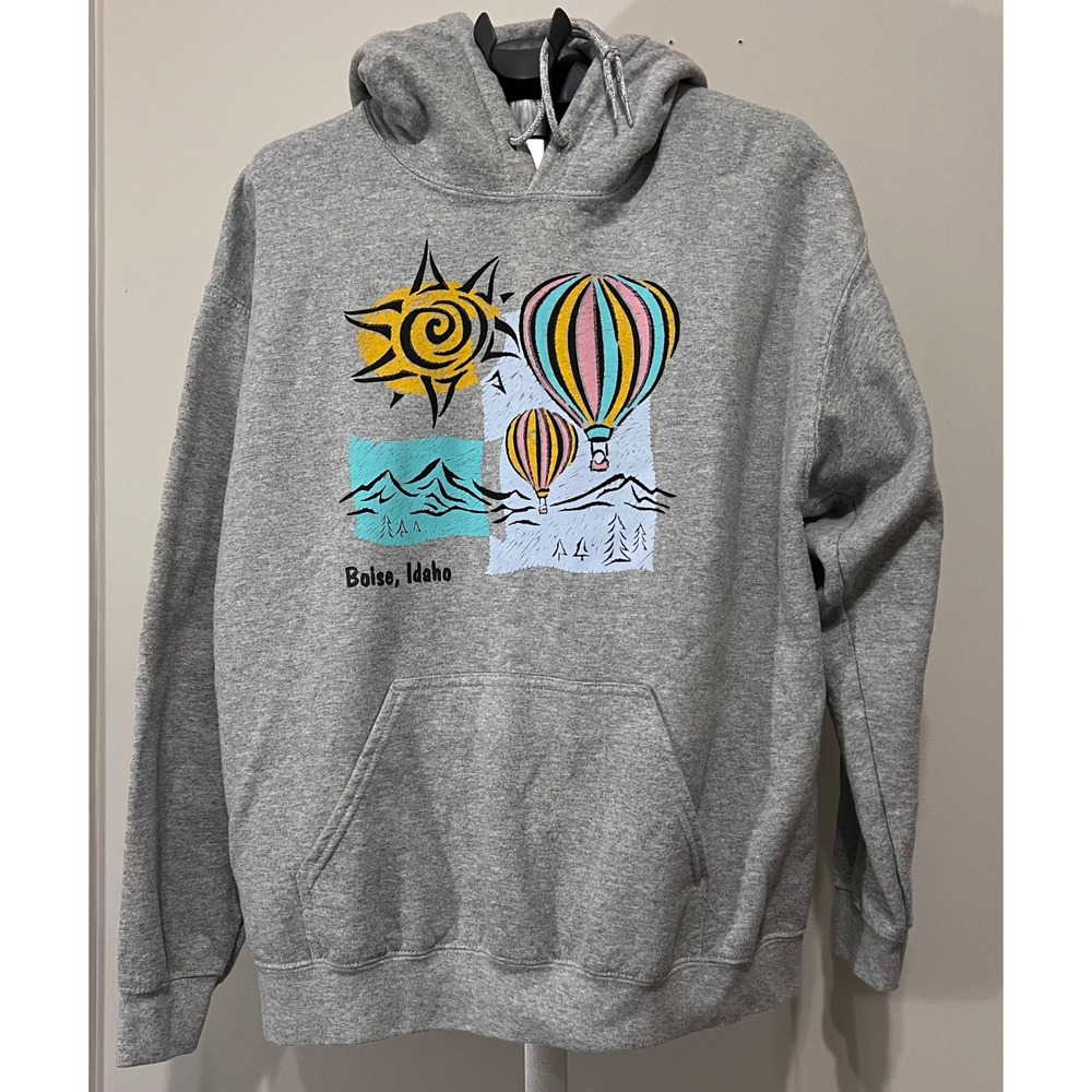 Boise Idaho Hot Air Balloon Hoodie Gray Graphic Pullover Sweatshirt Large